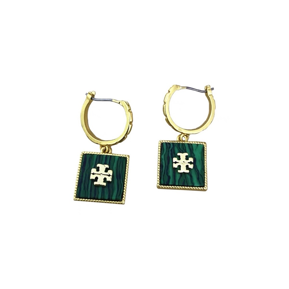 Green Tory Burch Gold Logo Earrings - Picture 3 of 5